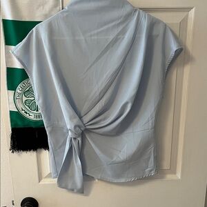 Cider Light Blue Knot-Front Cap Sleeve Blouse